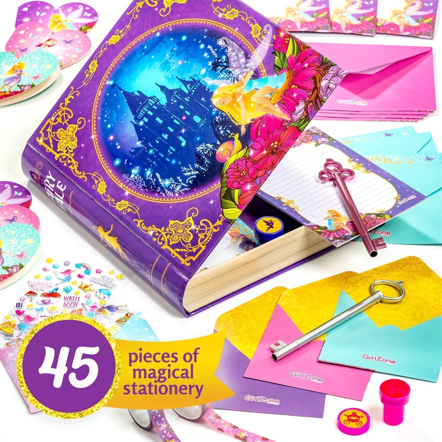 GirlZone Fairytale Writing Set, 45-Piece Fairy Stationery Kit in A Storybook Box, Magical Christmas Crafts for Kids & Amazing Ki