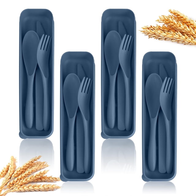 Travel Utensils with Case, Wheat Straw Camping Utensil Set, 4 Sets Wheat Straw Portable Plastic Fork Spoons Knife Camping Cutlery, Reusable Lunch Utensils Set for Work