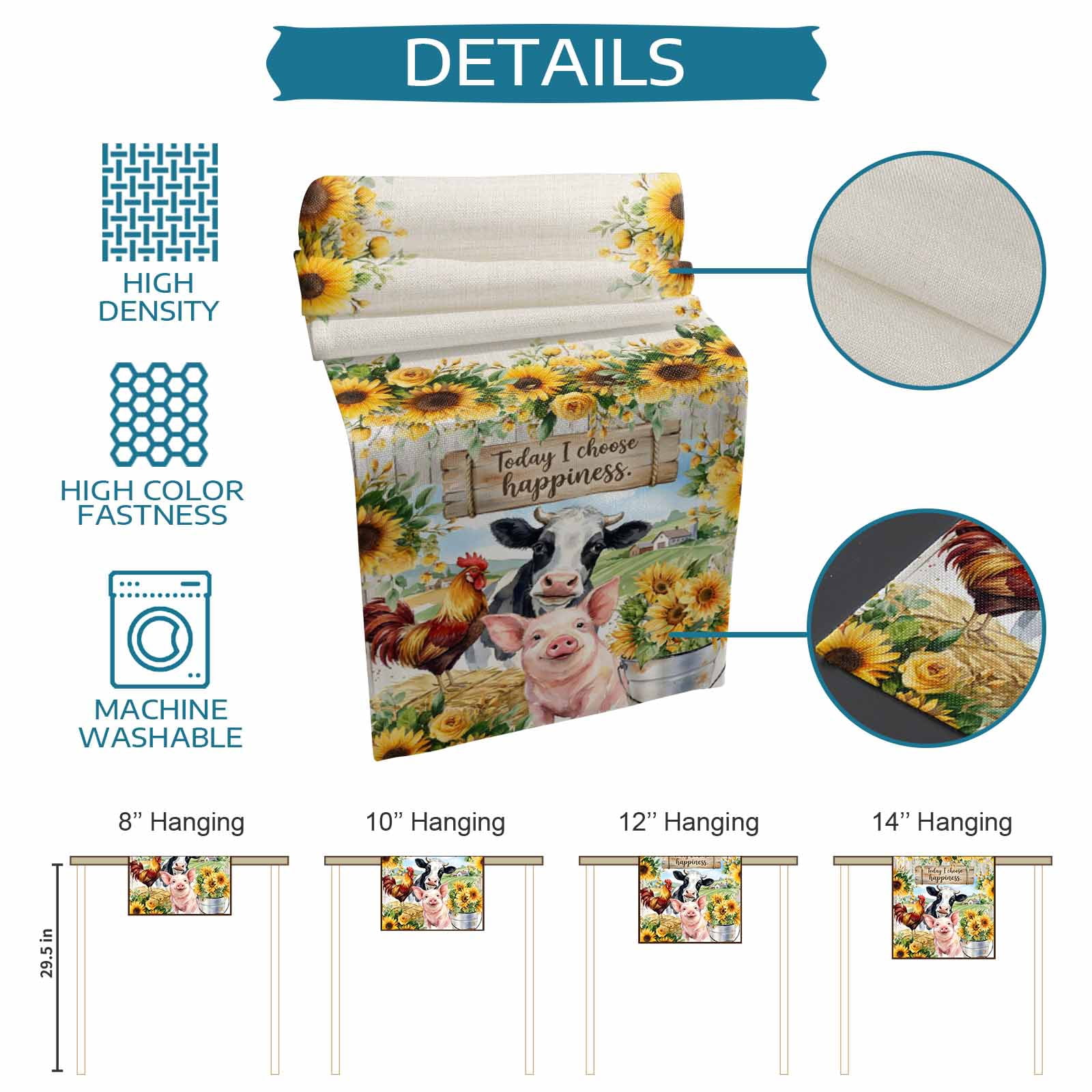Kitchen Table Runner 90 Inches Long, Farm Cow Rooster Pig Sunflower Cotton Linen Table Runners for Dining Tables Home Holiday Party Wedding, Rustic Animals Wood Barn Tabletop Scarf