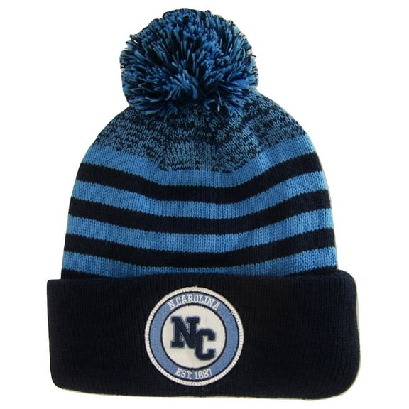 North Carolina Adult Size Striped Winter Knit Beanie Hats (Navy/Light Blue)