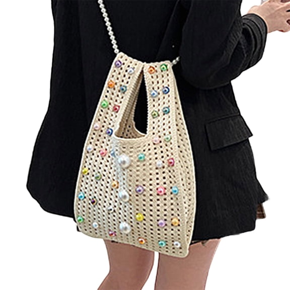 Yokua Elegant Single Shoulder Bucket Bag with Beaded Chain Strap Hollow Out Handbag