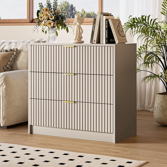 Fluted Dresser for Bedroom, 32 Inch Wide Nightstand with Large Drawer, 3 Drawer End Table for Bedroom, Living Rooms, Offices, and Entryways, Beige