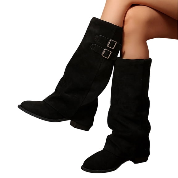 Willtoo Women Slouchy Knee High Boots Casual Round Toe Pull On Riding Biker Boots Fold Over Chunky Low Heel Platform Boot Double Buckle Soft Upper Shoes
