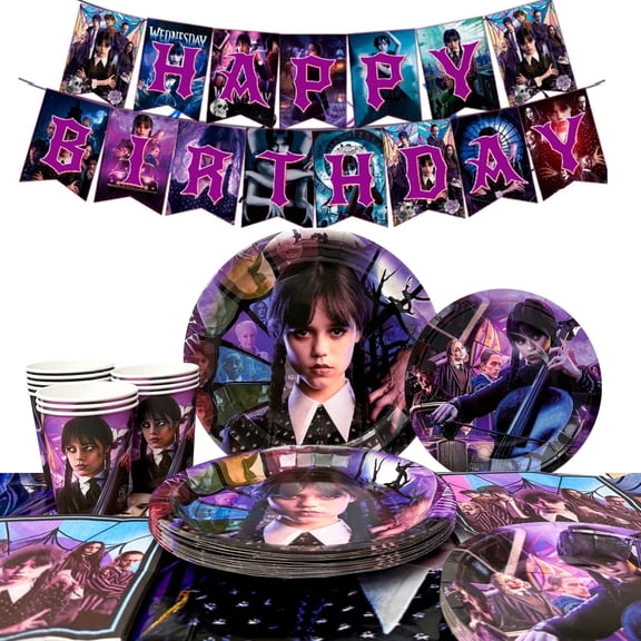 Wednesday Birthday Party Tableware Set, Wednesday Party Supplies Tableware - Wednesday Tablecloth Banner Plates Napkins Cups for Wednesday Birthday Party Decoration,Serves 16