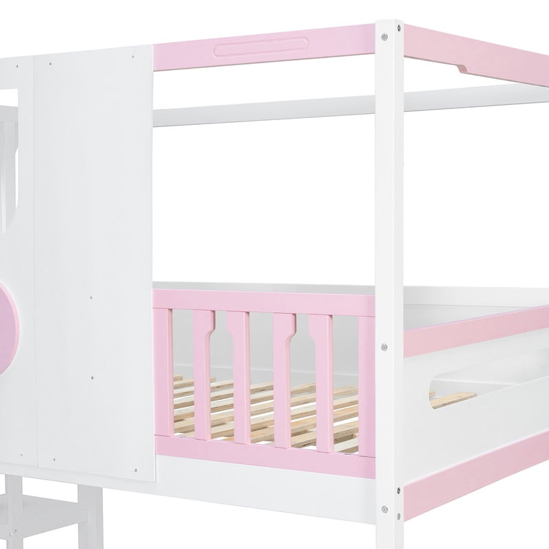 Full Size Versatile Kids Loft/Bunk Bed with Floor Bed, House Bed Frame with Slide, Storage Shelves and Guardrails
