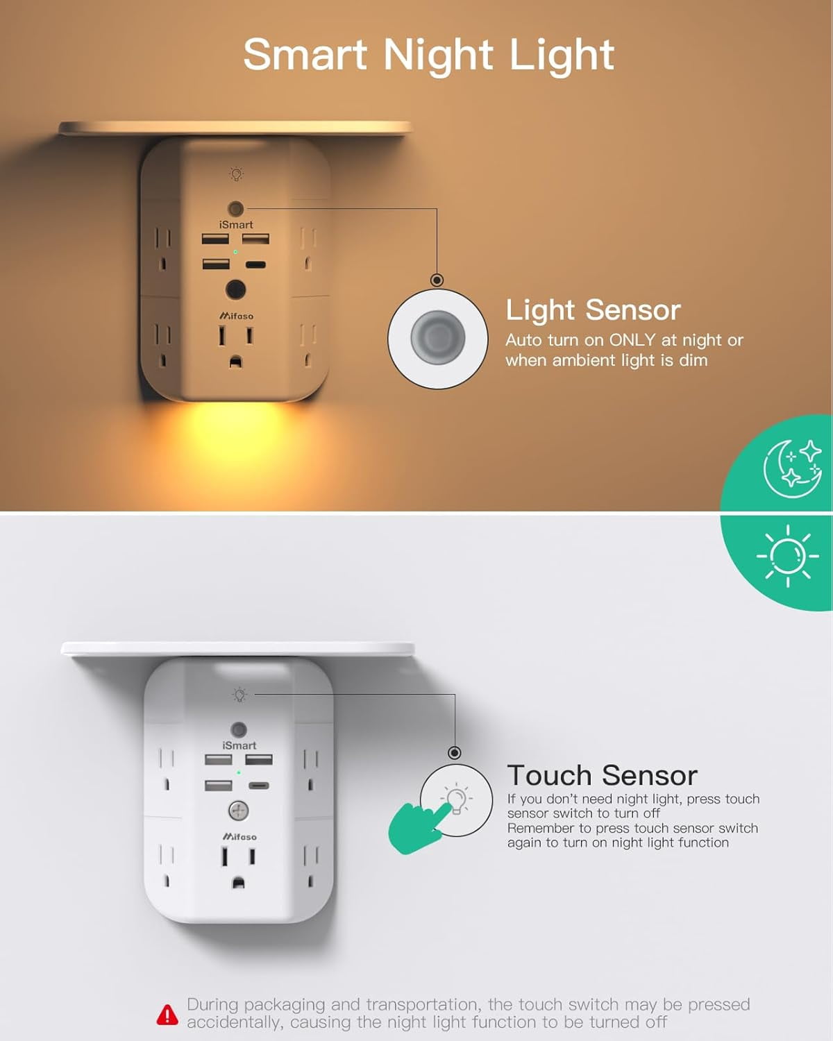 Wall Outlet Extender with Shelf and Night Light Sur Protector USB Wall Charr with 5 AC Outlets and 3 USB Ports 1 USB C Outlet Wide Space 3-Sided Power Strip Multi Plug Outlets…