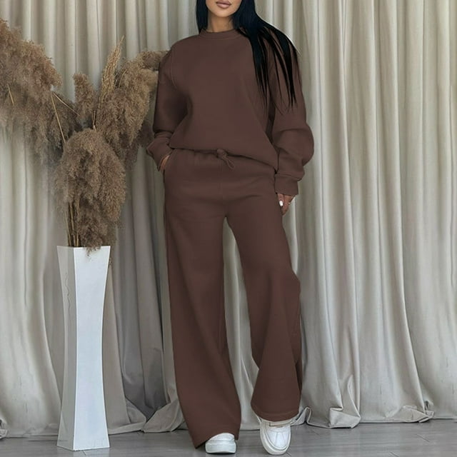Wensltd Ensemble à Capuchon pour Femmes Couleur Unie Décontracté Col Ras du Cou Manches Longues Haut et Pantalon