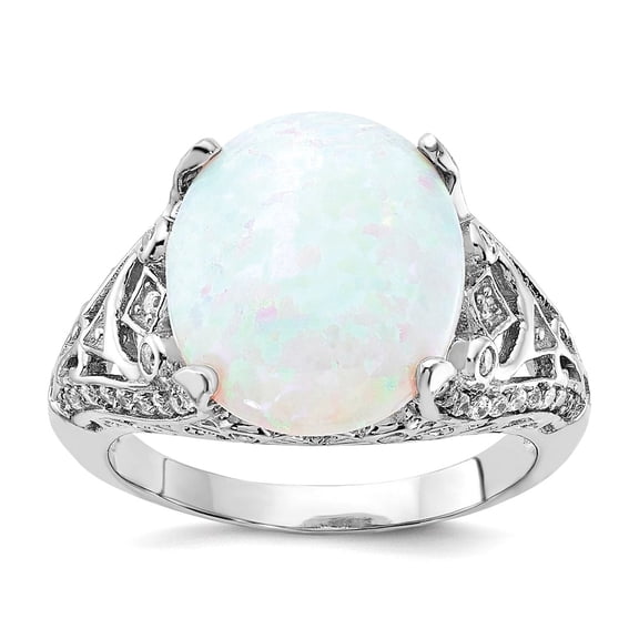 13.75mm 925 Sterling Silver Rhodium Plated Oval Lab Simulated Opal and Cubic Zirconia Ring Size 8 Ring for Women