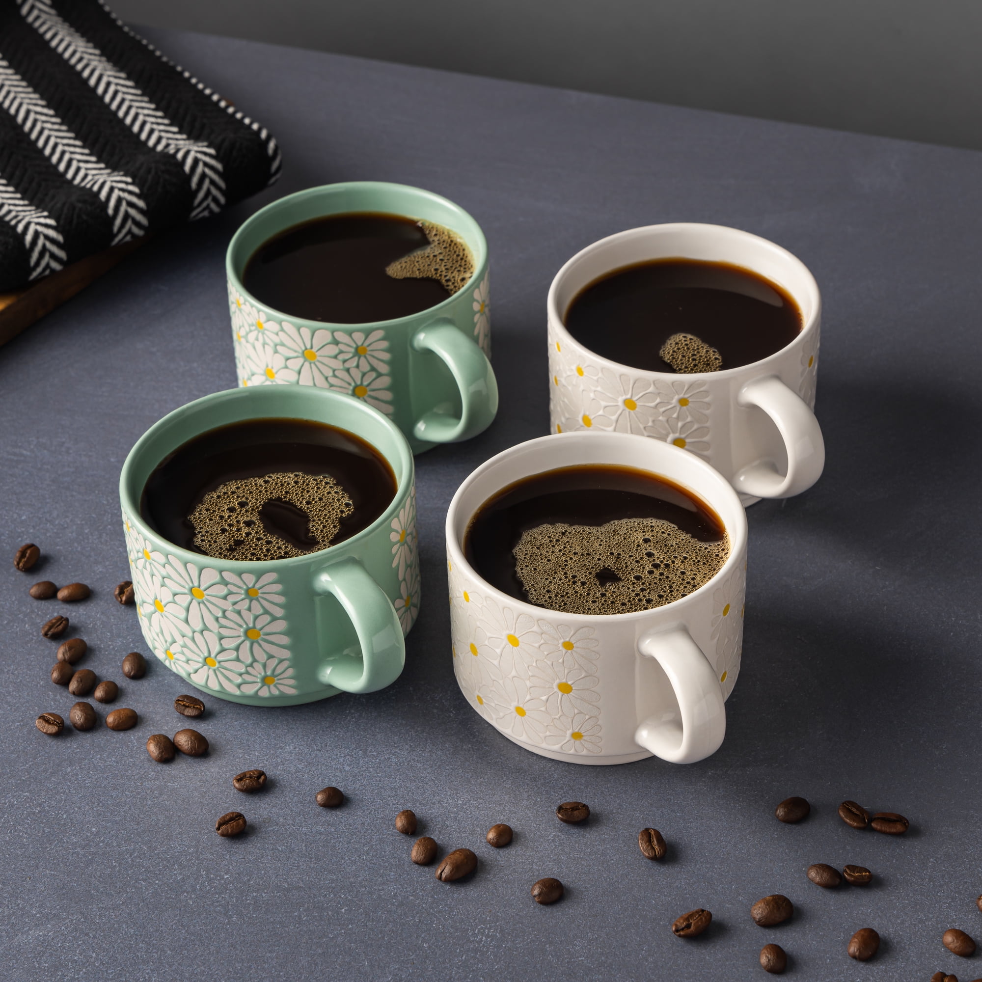 Thyme & Table White 4 Pack Stacking White and Green Floral Mugs 11.1 fl oz, Stoneware