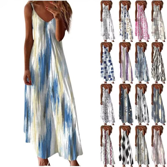 Women's Maxi Dresses Spaghetti Strap Sleeveless V Neck Print Sundress Summer Vacation Outfits For Women (XL, Light Blue)