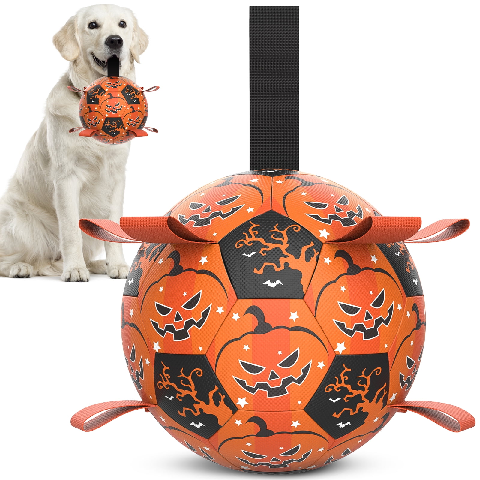 QDAN Halloween Dog Toys Soccer Ball with Straps, Interactive Dog Toys for Small Medium Large Dogs, Orange & Black, 7inch