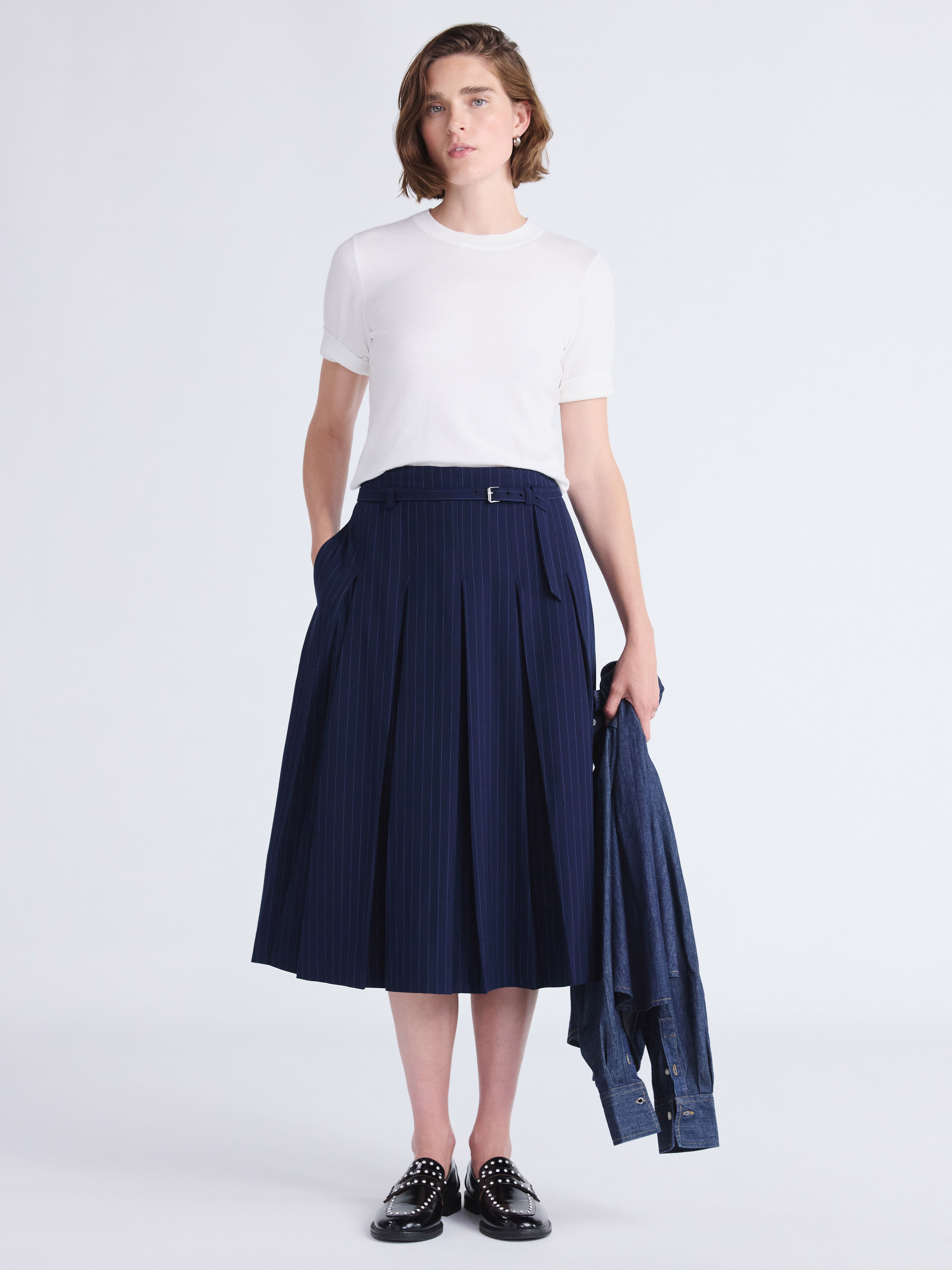 Free Assembly Women's Belted Pleated Pinstripe Midi Skirt, Sizes 0-16