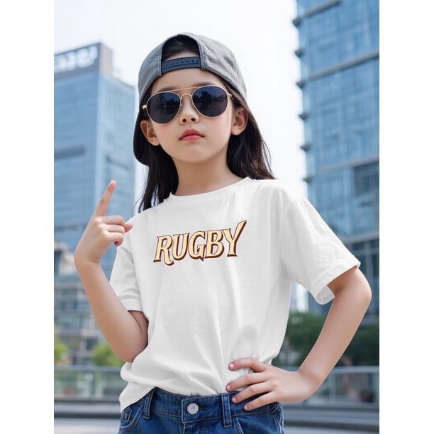 Cute Rugby-Themed Cotton T-Shirt for Girls - Pink Short-Sleeve Crew Neck, Casual Summer Top with "RUGBY" Print, Soft & Versatile for Little Girls