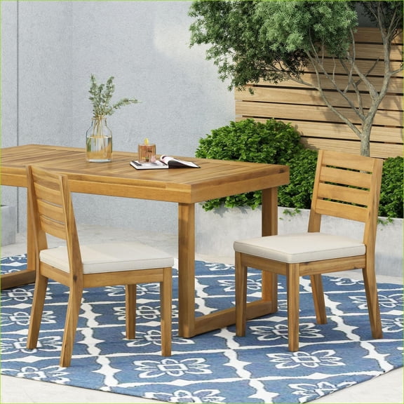Outdoor Dining Chairs Set of 2, With Water-Resistant Cushions, Natural Beige, For Patio Dining | Acacia Wood | Slat Back