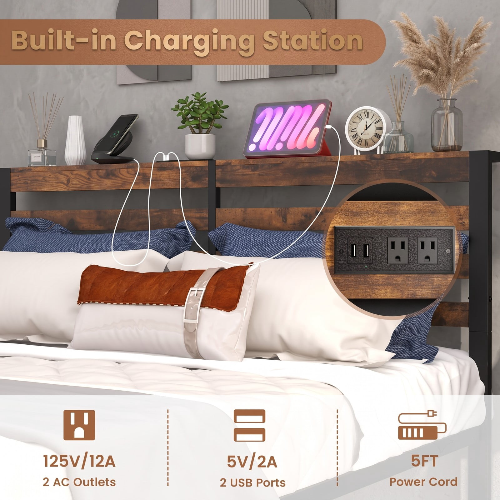 Furnibear Queen Bed Frame with Storage, Metal Platform Bed with Storage Headboard and Charging Station, Rustic Brown