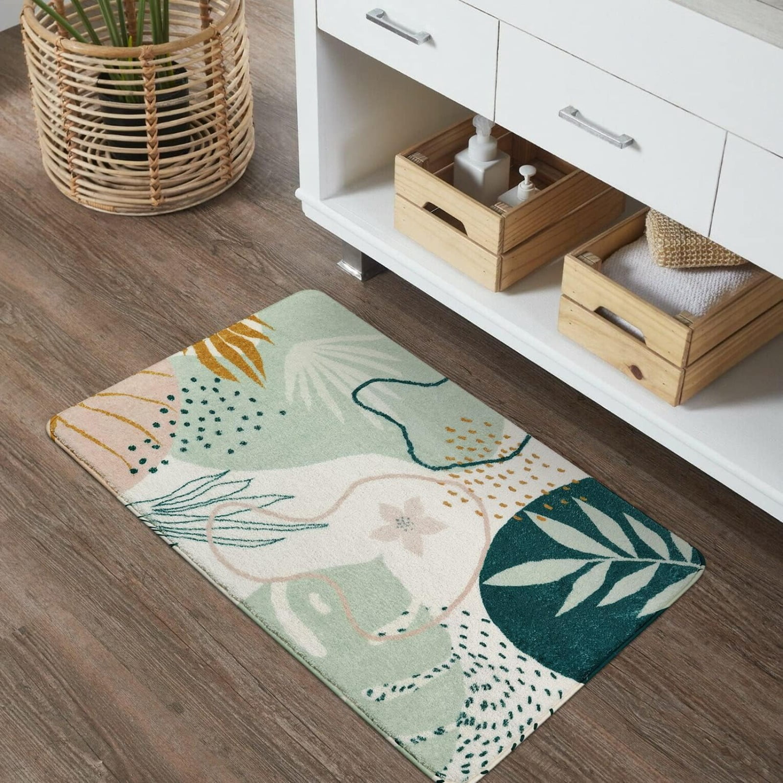 Bathroom Runner Rug Modern Abstract Long Bath Mat Non-Slip Cute Green Plant Bath Rug Soft Velvet Machine Washable Floor Mats for Bathroom Tub Shower