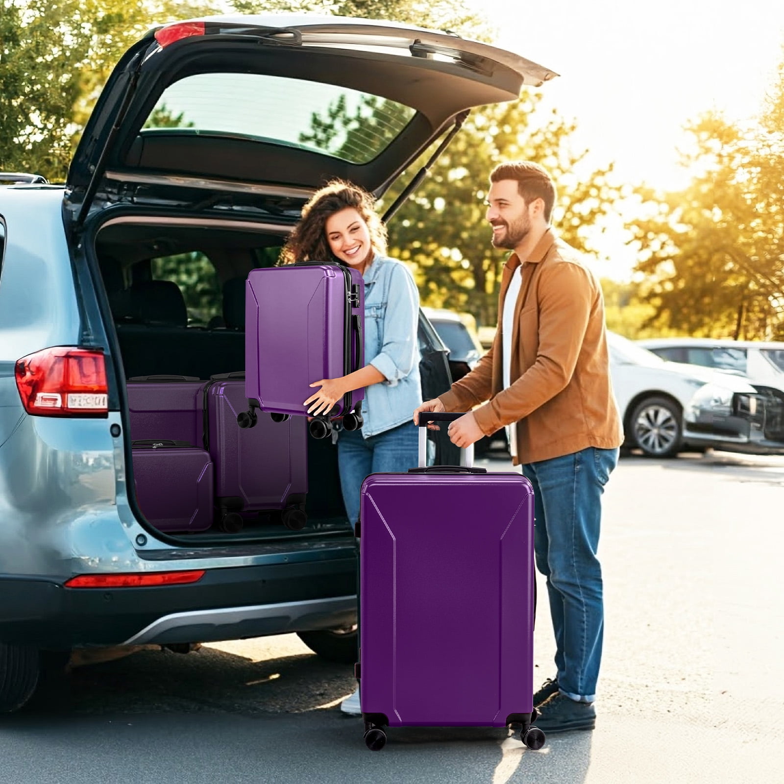 Zimtown 5-Piece Luggage Set with 8 Packing Cubes, Hard Shell Suitcase Set with Spinner Wheels Built-in TSA Lock, Purple