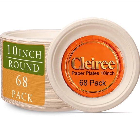 100% Compostable Paper Plates, Heavy Duty Disposable Plates [68-Pack] Plates - Eco-Friendly, Biodegradable Sugarcane Pulp, Natural Unbleached Light Brown 10" Dinner Paper Plate Disposable.