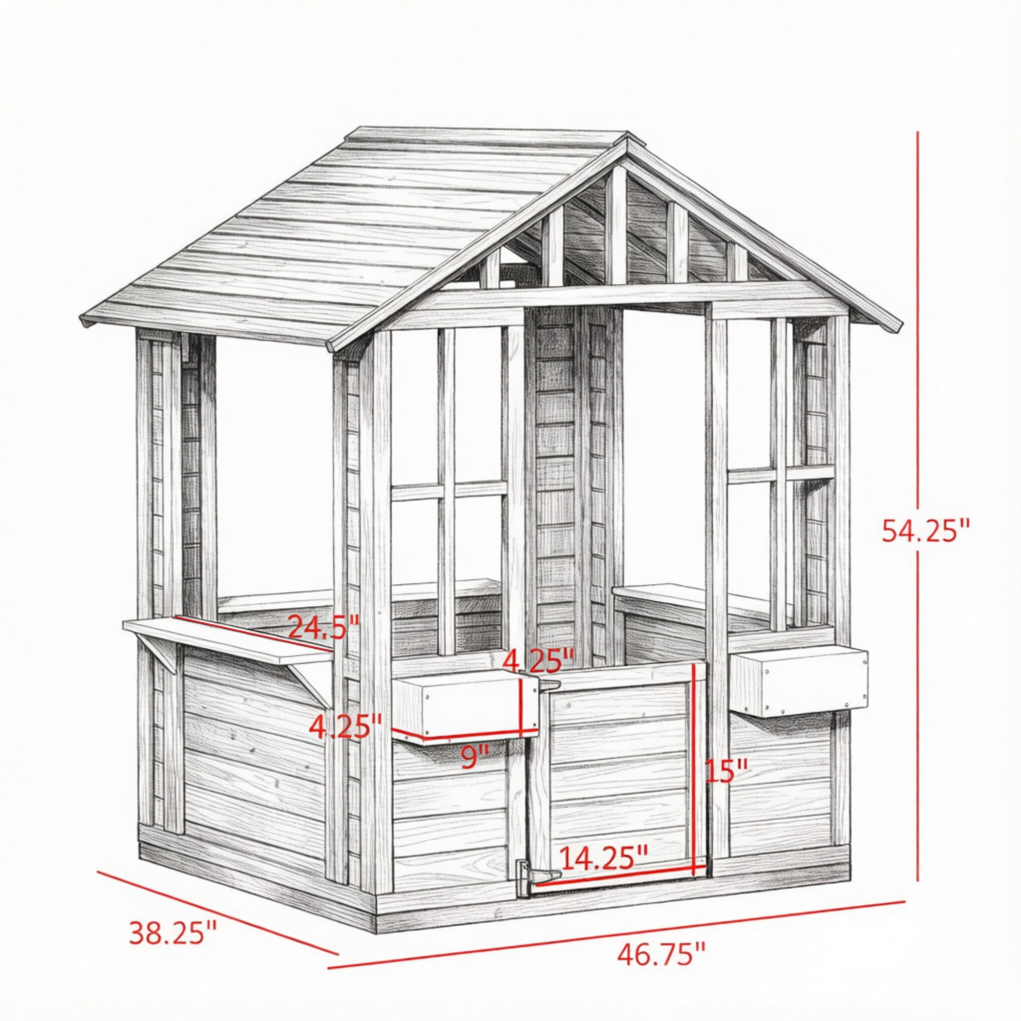 Kids Wooden Outdoor Playhouse, Garden Cottage with Flower Pot Holder & Working