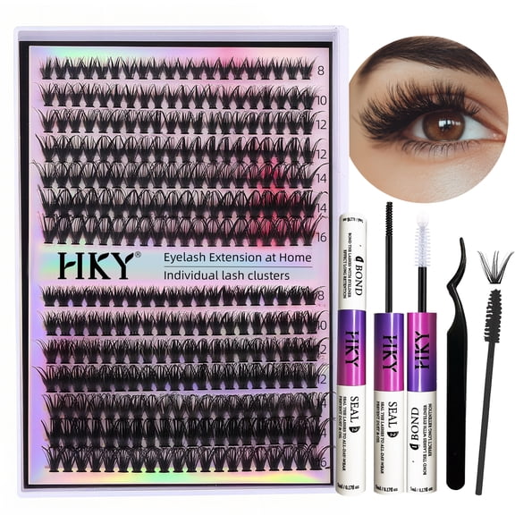 HKY DIY Lash Cluster Kit with Waterproof Vegan Bond & Seal, Beginner-Friendly Tools & Reusable Eyelashes Clusters to Enhance Eyes at Home, Korean Synthetic Lashes (8-16mm, 30D/40D)