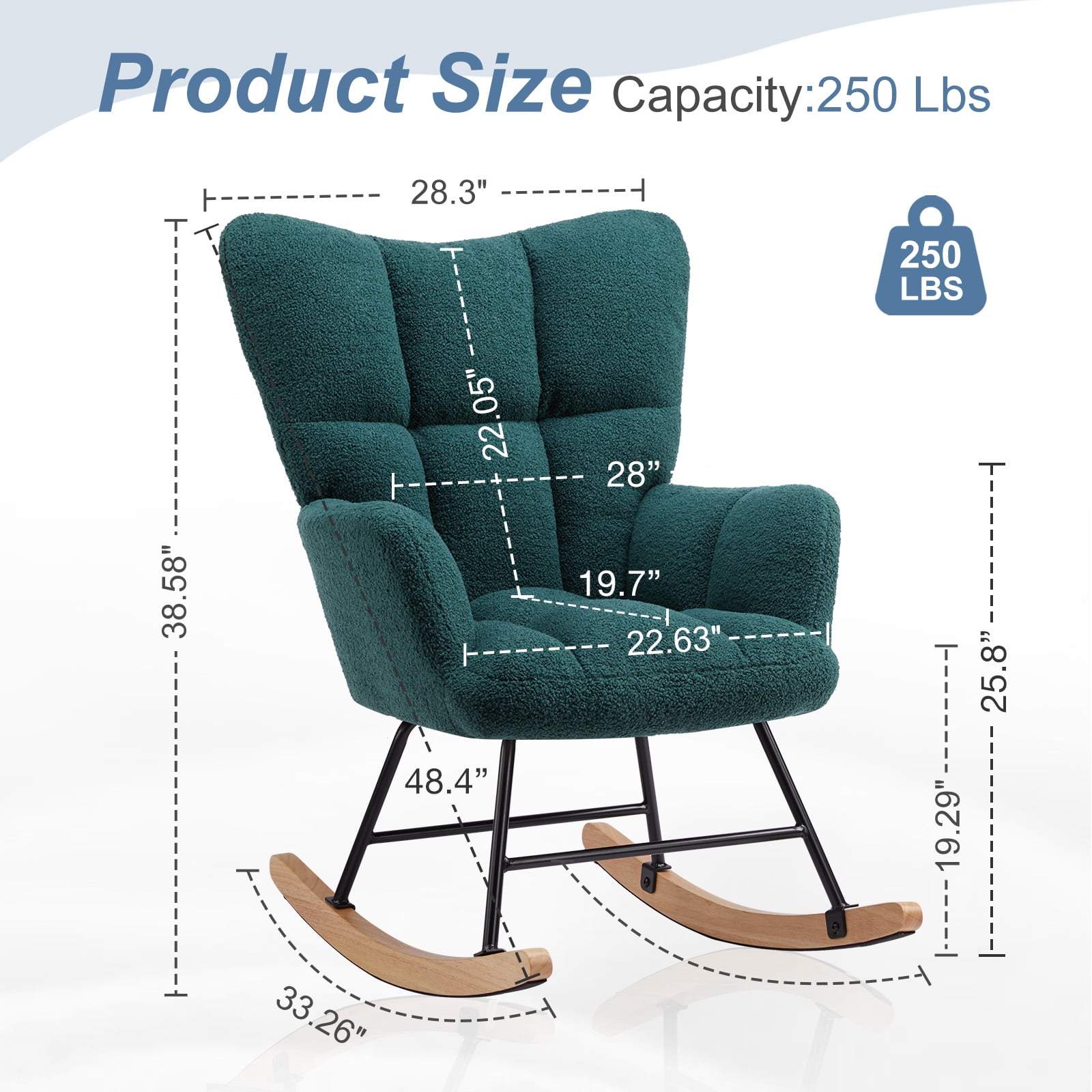 CONCETTA Rocking Chair Teddy, High Backrest, Comfortable Stylish with Padded Seat Glider Rocker for Living Rooms, Bedrooms, Offices, Green