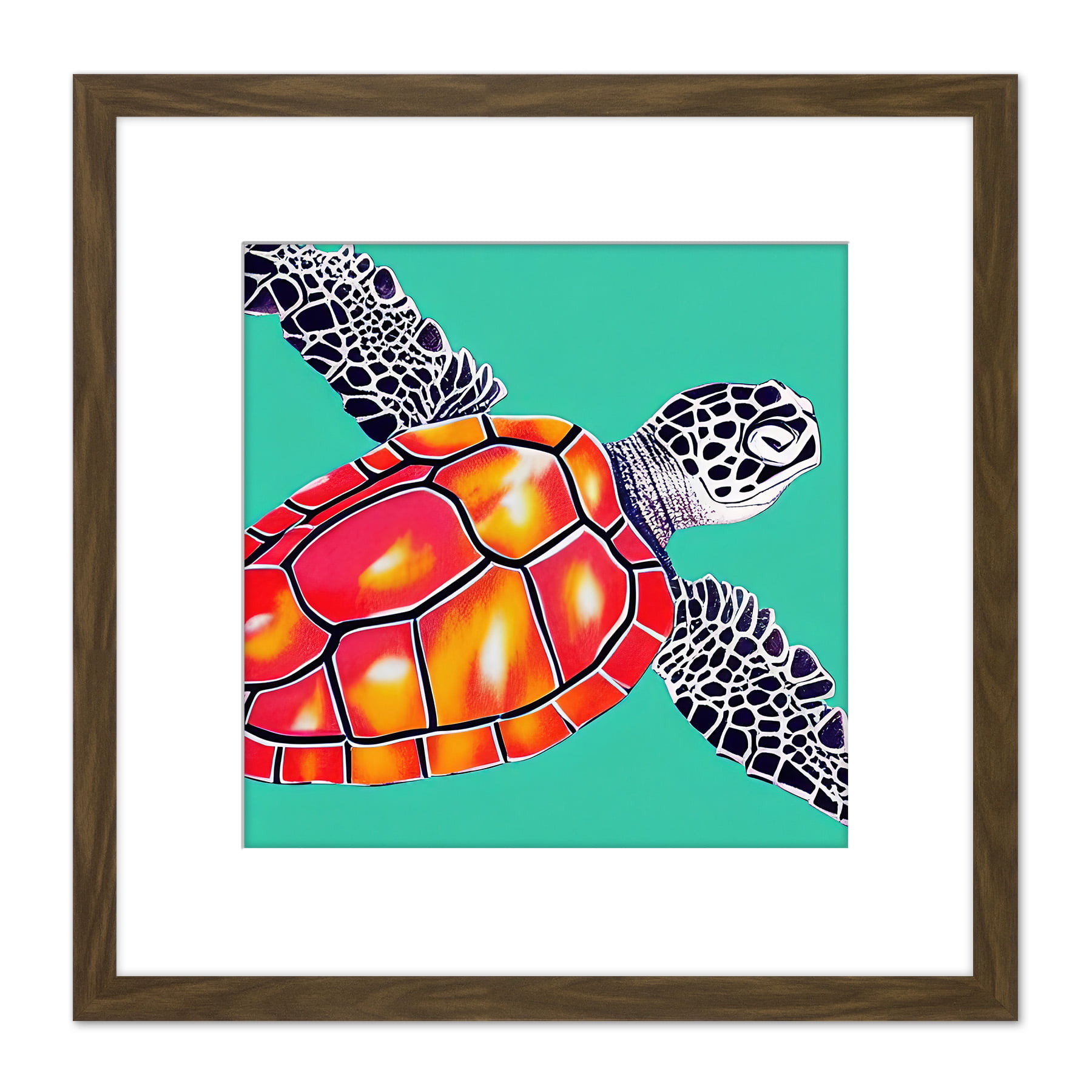 Ocean Loggerhead Turtle Red Shell Watercolour Ink Square Wooden Framed ...