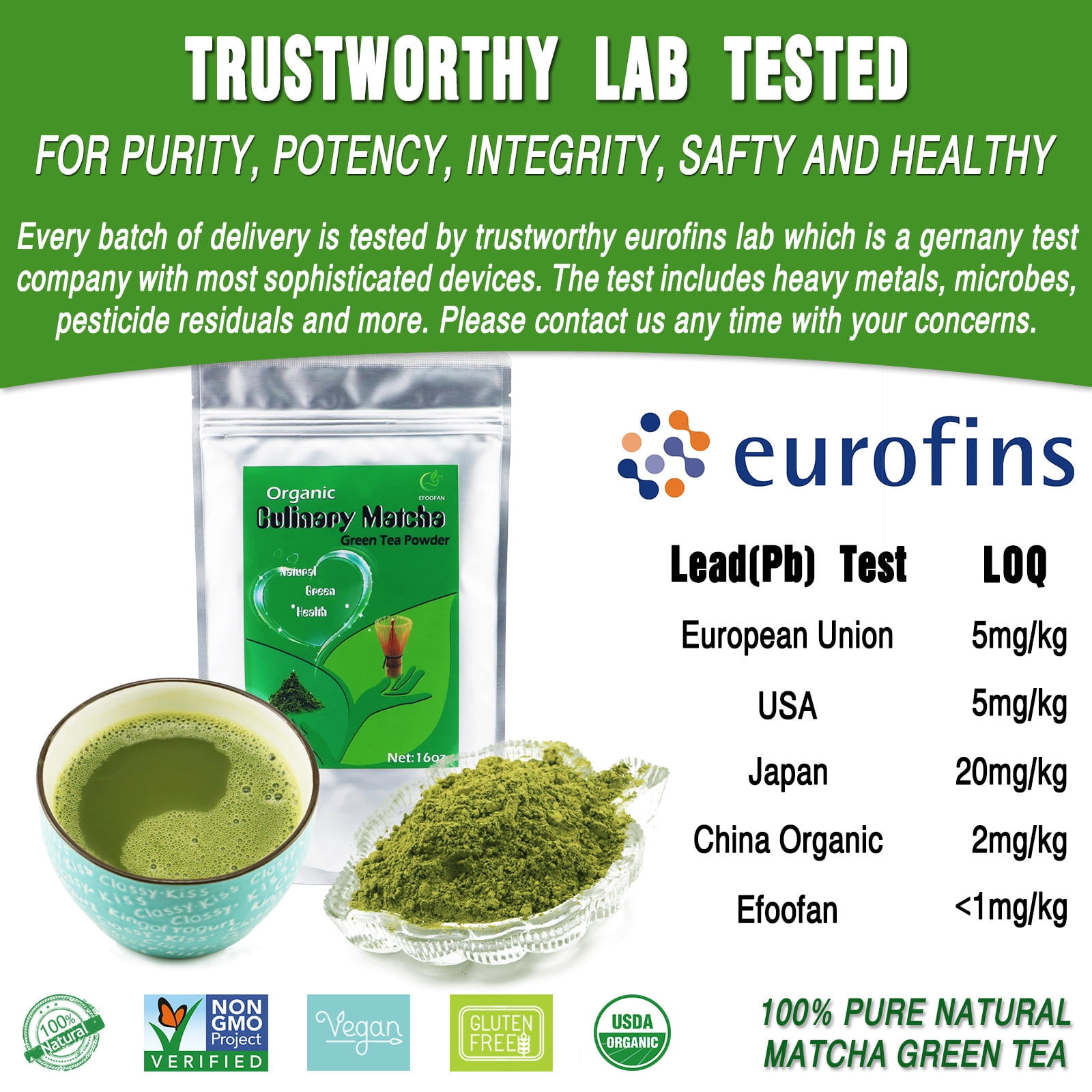 Organic Culinary Grade Matcha Green Tea Powder, 454g/16oz, Fit for Cooking, Pastry, Blend by EFOOFAN