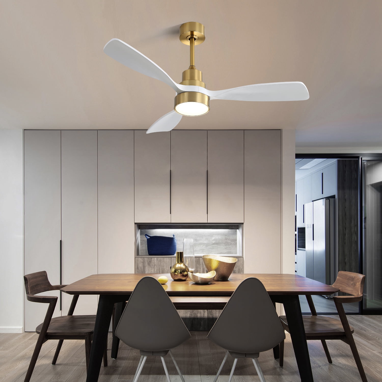Ceiling Fan 48 Inch, 3 Solid Wood Blades with Remote Control and Reversible DC Motor for Living Room, Gold