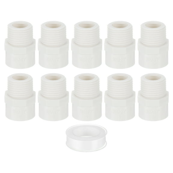 Male Adapter Pipe Fitting, 10Pcs 20mm(3/4") 2-Way Pipe Connectors with Sealant Tape (Socket x Male Pipe Thread), Hose Adapter Coupling for Plumbing Water Line (White)