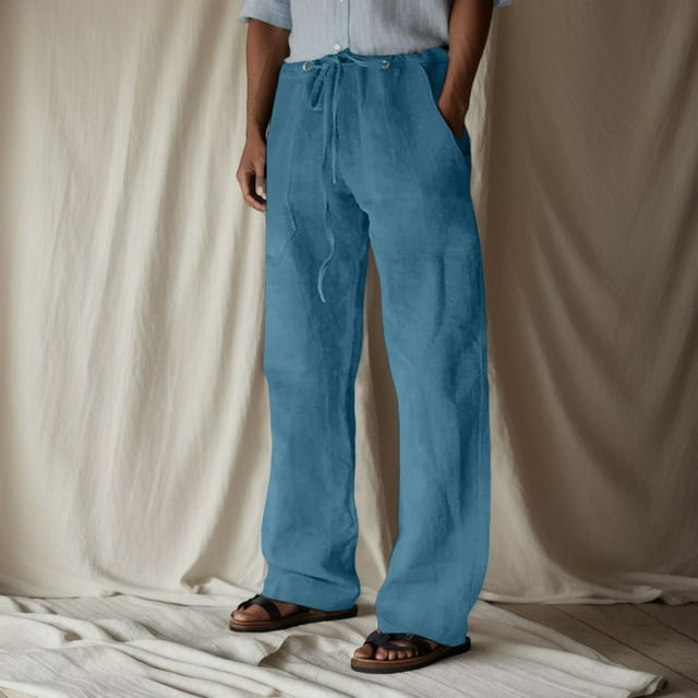 Men's Casual Pants - Mid Rise Solid Full-Length Everyday Trousers with Drawstring and Pockets for Comfort