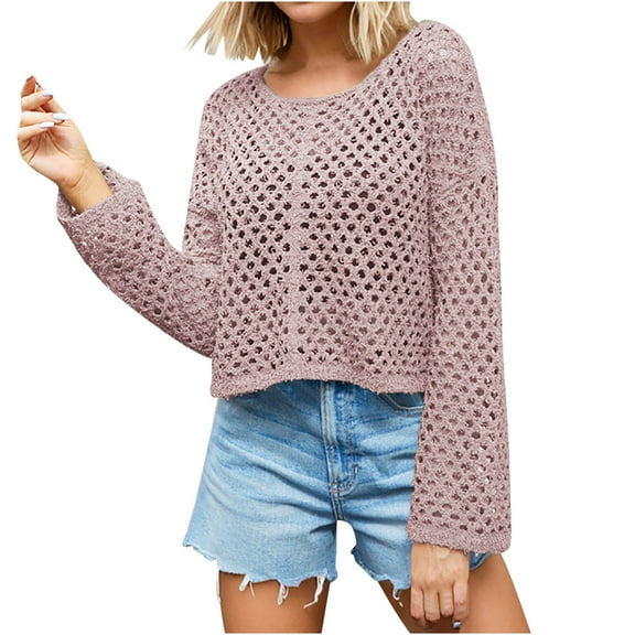 Lenpel Women's Crochet Sweaters Cropped Crew Neck Long Sleeve Fall Pullover Tops Trendy Hollow out Knit Outwear