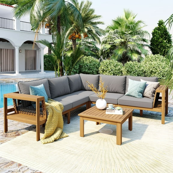 4-Piece Outdoor Acacia Wood Sofa Set, Woven Mesh Armrests, L-Shaped Patio Furniture Sofa Set with Coffee Table, Outdoor Conversation Set with Beige Cushions and Side Table (Gray)