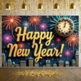 thumbnail image 7 of Gold Lettering Happy New Year Banner Fireworks Design New Year Banner Clock Cityscape Pattern Holiday Banner for New Year Party New Year's Eve Celebration Holiday Decoration, 7 of 7