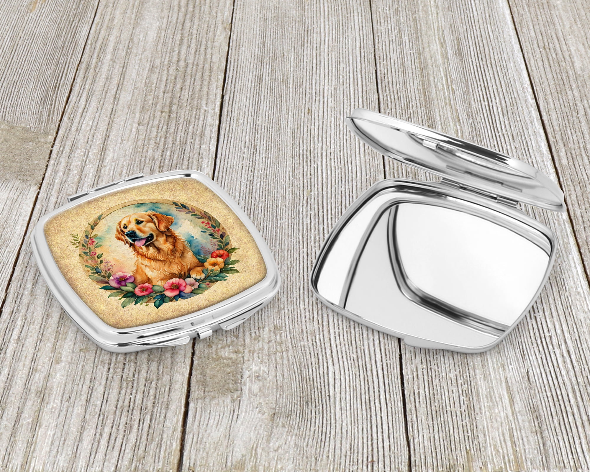 Golden Retriever and Flowers Compact Mirror 2.75 in x 3 in