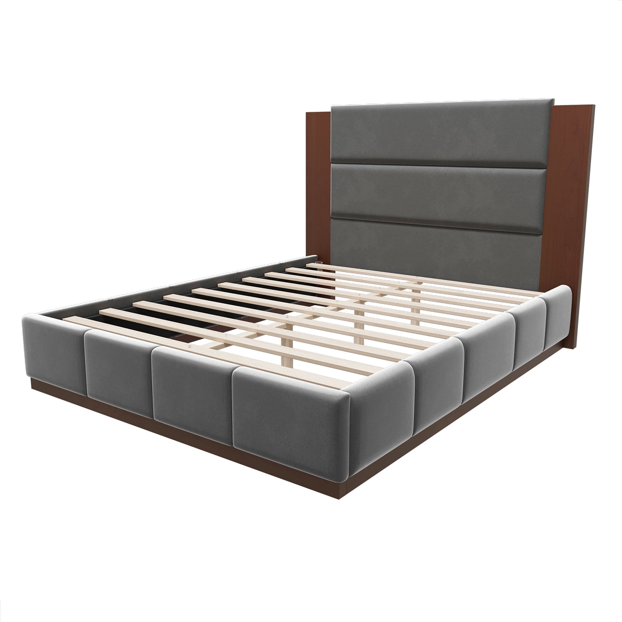 Euroco Upholstered Queen Size Platform Bed, Velvet Bed with High Wood Headboard, Grey
