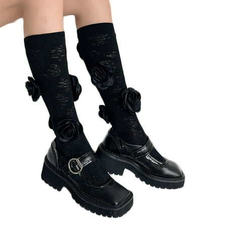 

Women Cotton Calf Socks Rose Floral Texture Pattern Lolita 3D Camellia Stockings