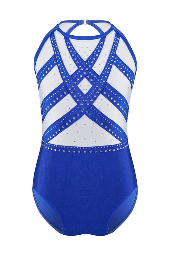 Kids Girls Sparkly Gymnastics Leotard Sleeveless Sport Unitard Rhinestones Romper Figure Ice Royal Blue 8