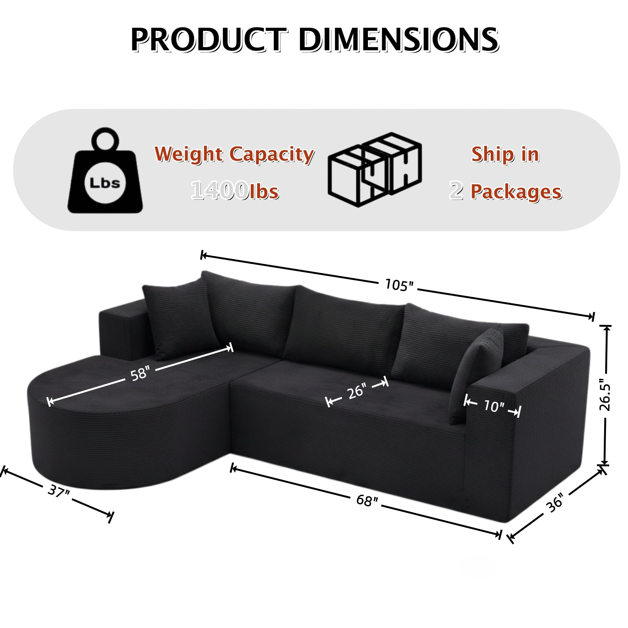 ShiKeyi 105" Modular L-Shaped Cloud Sofa, 3-Seater Corduroy Sectional Couch with Deep Seats Chaise, Soft Boneless Design for Living Room, Black (Right)