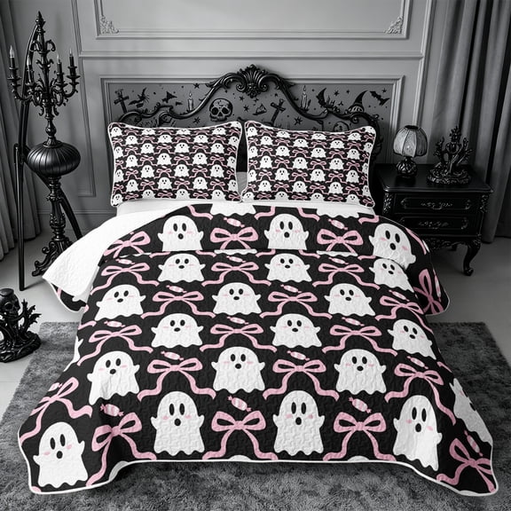 Erosebridal Ghost Candy Twin Quilt Set 2 Pieces,Cute Halloween Twin Coverlet Set,Black Pink,1 Bedspread and 1 Pillowcase