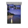 thumbnail image 2 of Hawaiian Bedding Set with Sheet & Covers, Houses Clear Sky Full Moon Reflection at Daybreak on a Hawaii Beach Exotic Life, Printed Bedroom Decor 2 Shams, 4 Sizes, Navy Sand, by Ambesonne, 2 of 3
