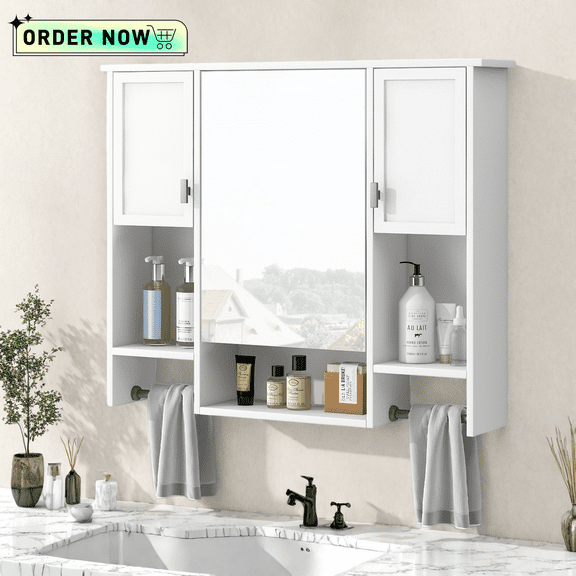 Tcbosik Wall Mounted Medicine Cabinet with Mirror, Storage Cabinet with Hanging Rod, Accent Cabinet with Doors and Adjustable Shelves for Kitchen, Living Room, Space Saving, White
