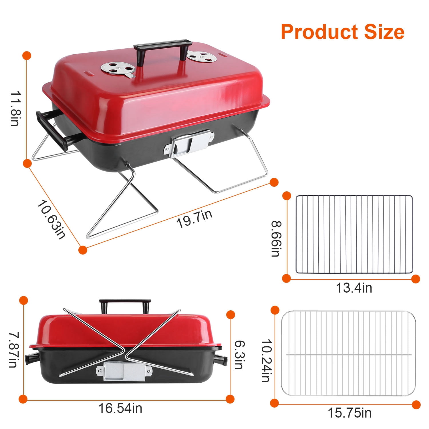 Portable Tabletop Charcoal Grill with Lid, Compact Suitcase Style Folding BBQ Smoker for Outdoor Backyard Camping, Tailgating Beach Trip Picnic & RV, 19.7in Lightweight Red Iron Grill with Air Vents