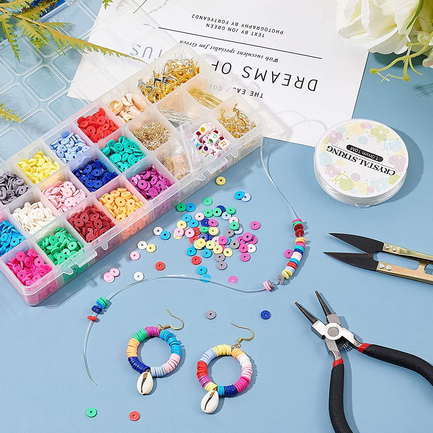 1 Set DIY Jewelry Set Makings with Alloy Pendants Brass Earring Hooks & Hoop Earrings Findings Cowrie Shell/Polymer Clay/Acrylic Beads Steel Scissors Elastic Thread Iron