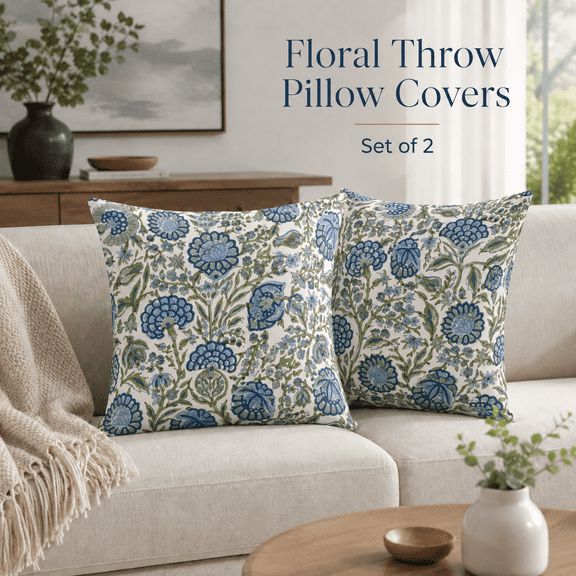 MORAVE 2 Pcs 18x18 Inch Boho Pillow Covers, Navy Blue with Sage Green Vintage Floral Pattern, Farmhouse Style Cushion Cases for Couch, Sofa and Bed
