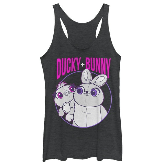 Women's Toy Story Ducky & Bunny Circle Portrait  Racerback Tank Top Black Heather Medium