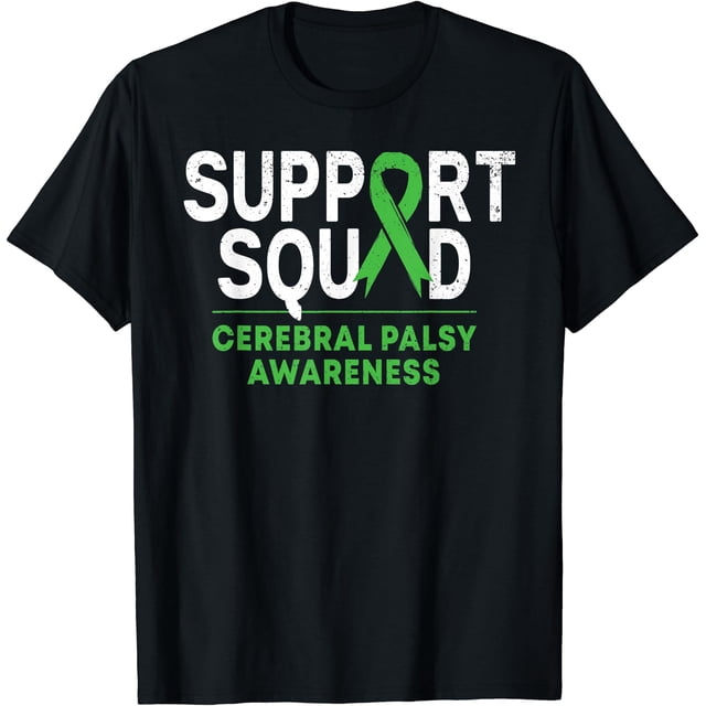 Support Squad Cerebral Palsy Awareness Month CP Green Ribbon T-Shirt - Black - XL