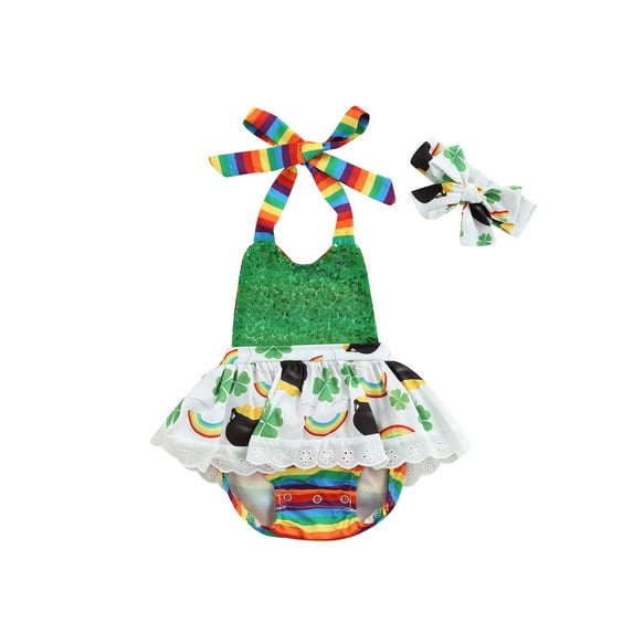 Biekopu Baby Girls Romper and Headdress, Green Patchwork Print Halter Neck Sleeveless Overalls for Saint Patrick