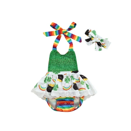 

St. Patrick Baby Girls Rompers Headband Sequined Clover Printed Strap Lace Up Jumpsuits Dress 0-24M