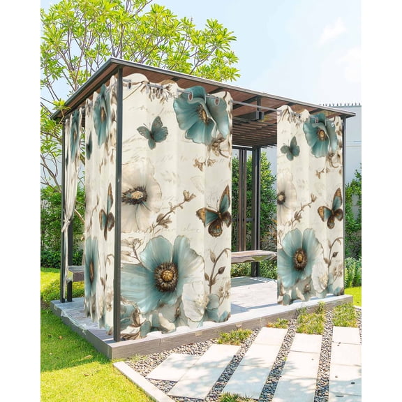 Outdoor Curtains for Patio, Turquoise Flowers Waterproof Blackout Outside Curtain for Porch/Pergola/Gazebo, Vintage Farmhouse Spring Butterfly Thermal Insulated Drapes, 1 Panel, 54 x 108 Inch