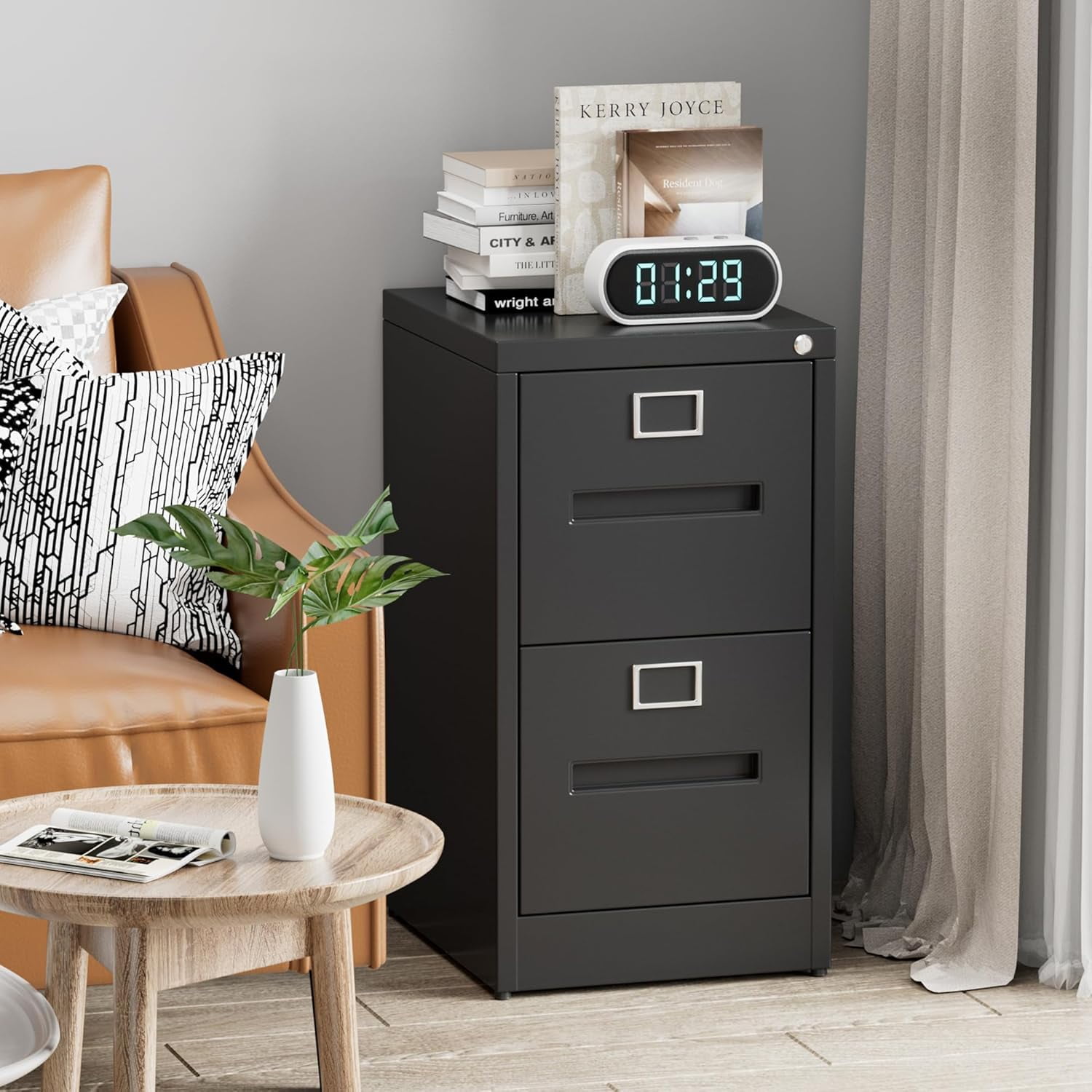 Black Metal 2 Drawer Mobile File Cabinet - 19.69 in Width Under Desk Cabinet for Office Home Legal Letter Size Storage